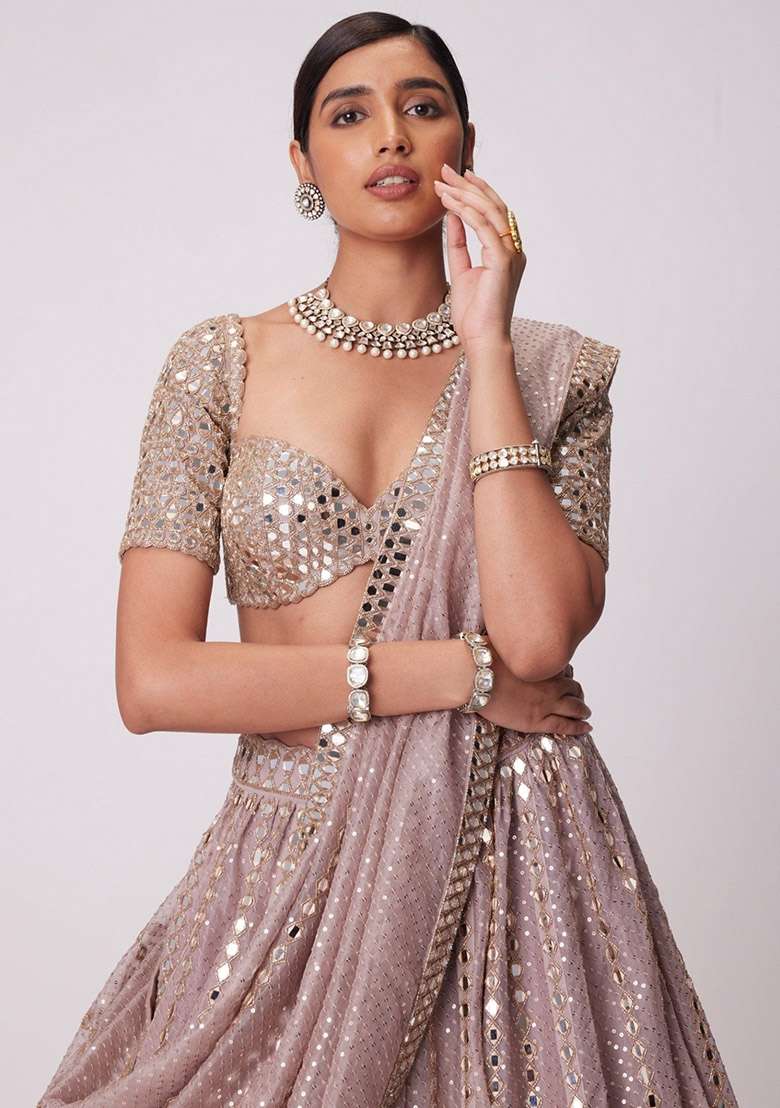 Ash Pink Embroidered Viscose Lehenga Set for Diwali and Festive Wear - Indya