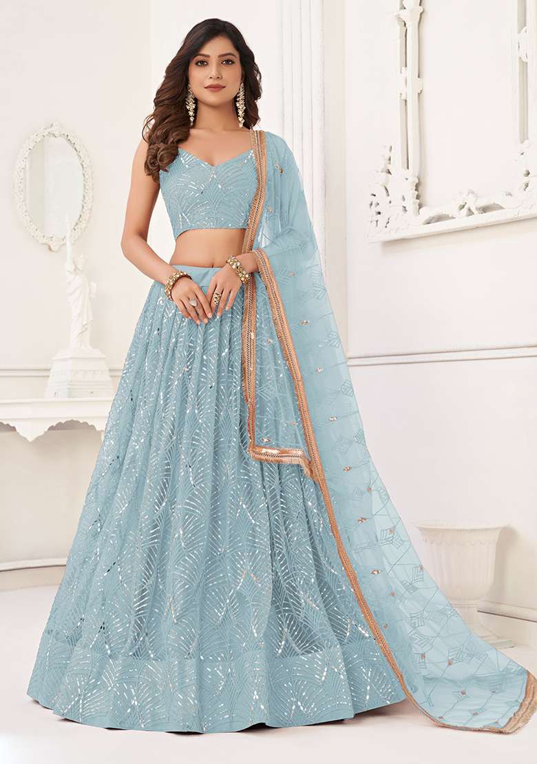 Sky Blue Net Lehenga Set with Embroidered for Diwali | Wedding & Festive Wear - Indya