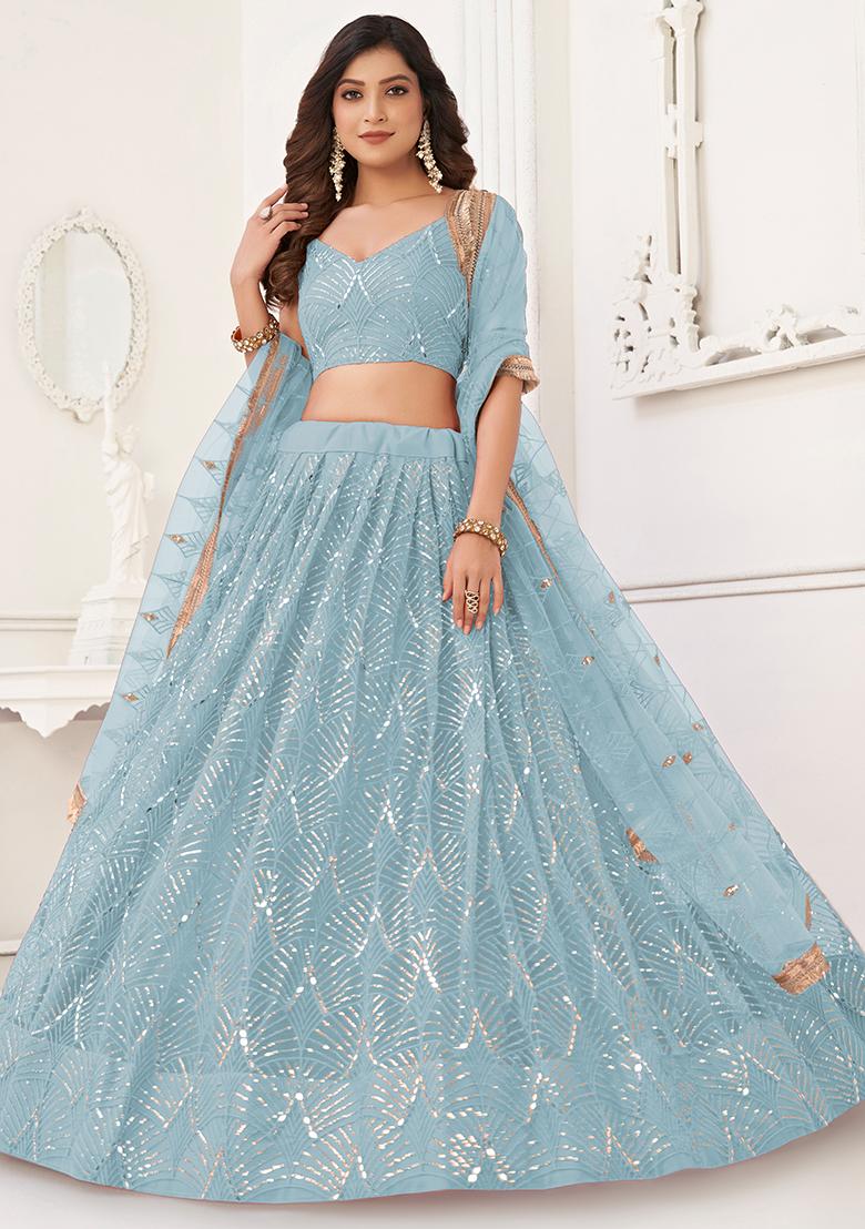 Sky Blue Embroidered Net Lehenga Set - Indya