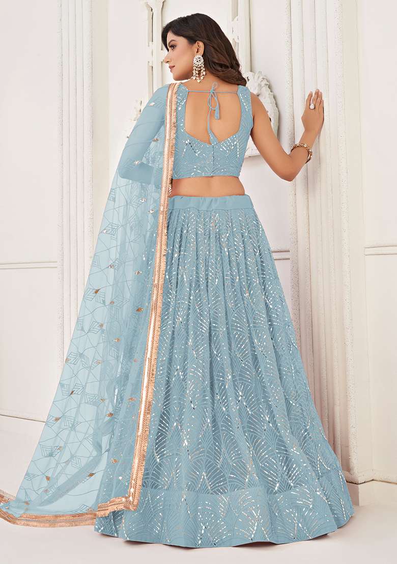 Sky Blue Net Lehenga Set with Embroidered for Diwali | Wedding & Festive Wear - Indya