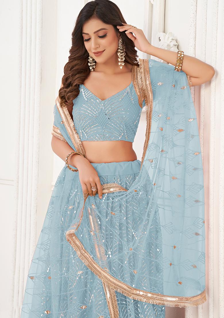Sky Blue Embroidered Net Lehenga Set - Indya