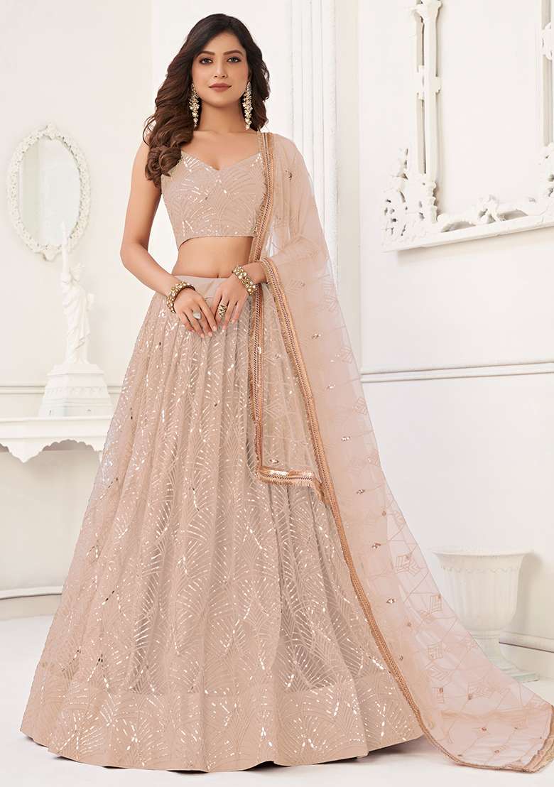 Peach Net Lehenga Set with Embroidered for Diwali | Wedding & Festive Wear - Indya