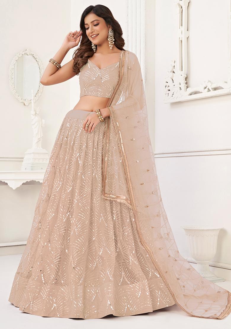 Peach Embroidered Net Lehenga Set - Indya