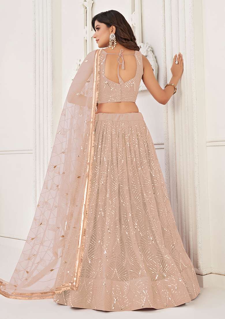Peach Net Lehenga Set with Embroidered for Diwali | Wedding & Festive Wear - Indya