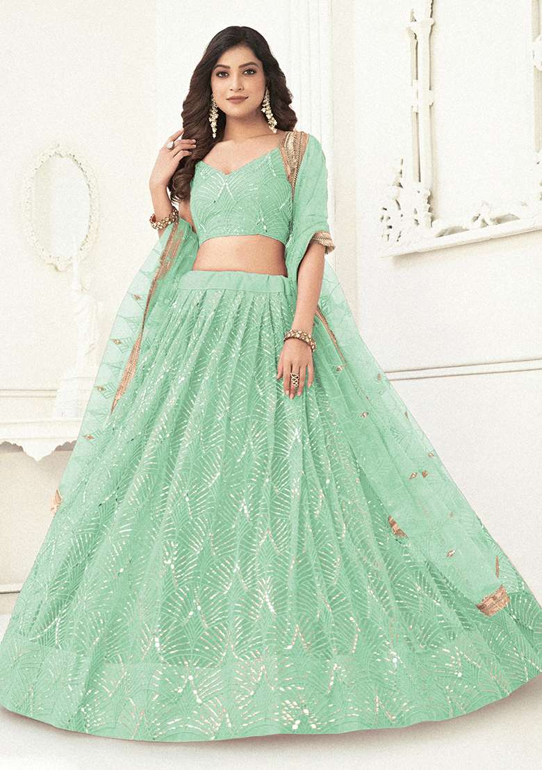 Sea Green Net Lehenga Set with Embroidered for Diwali | Wedding & Festive Wear - Indya
