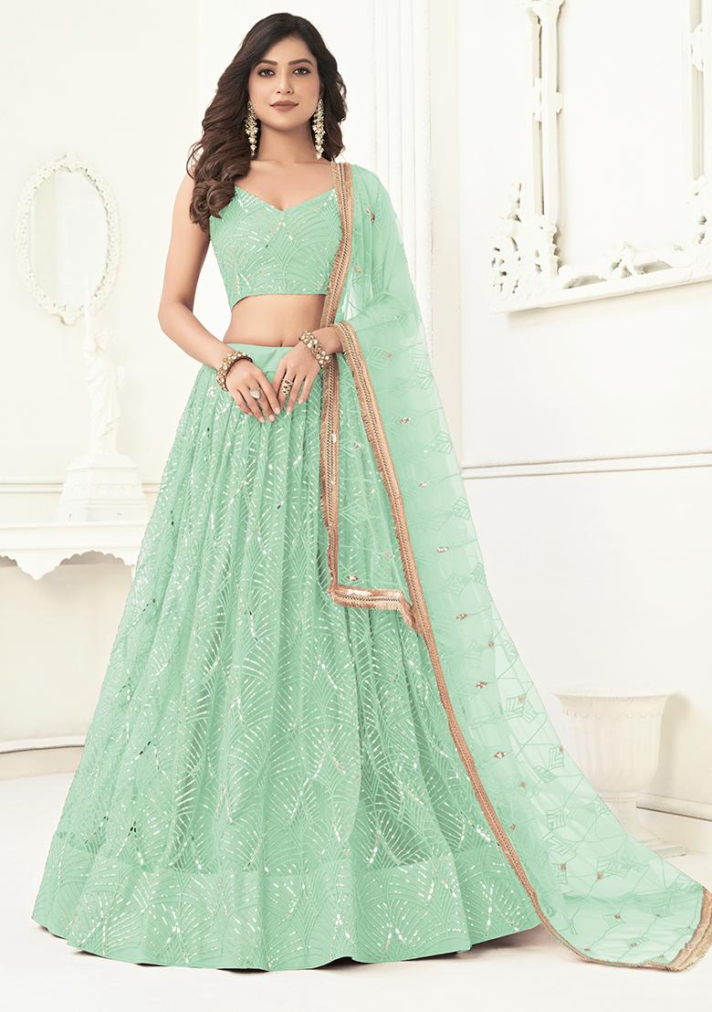Sea Green Embroidered Net Lehenga Set - Indya