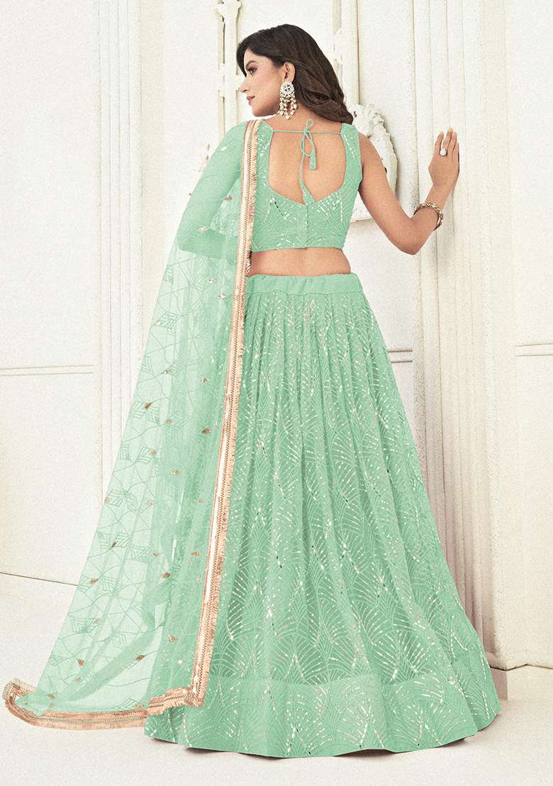 Sea Green Net Lehenga Set with Embroidered for Diwali | Wedding & Festive Wear - Indya