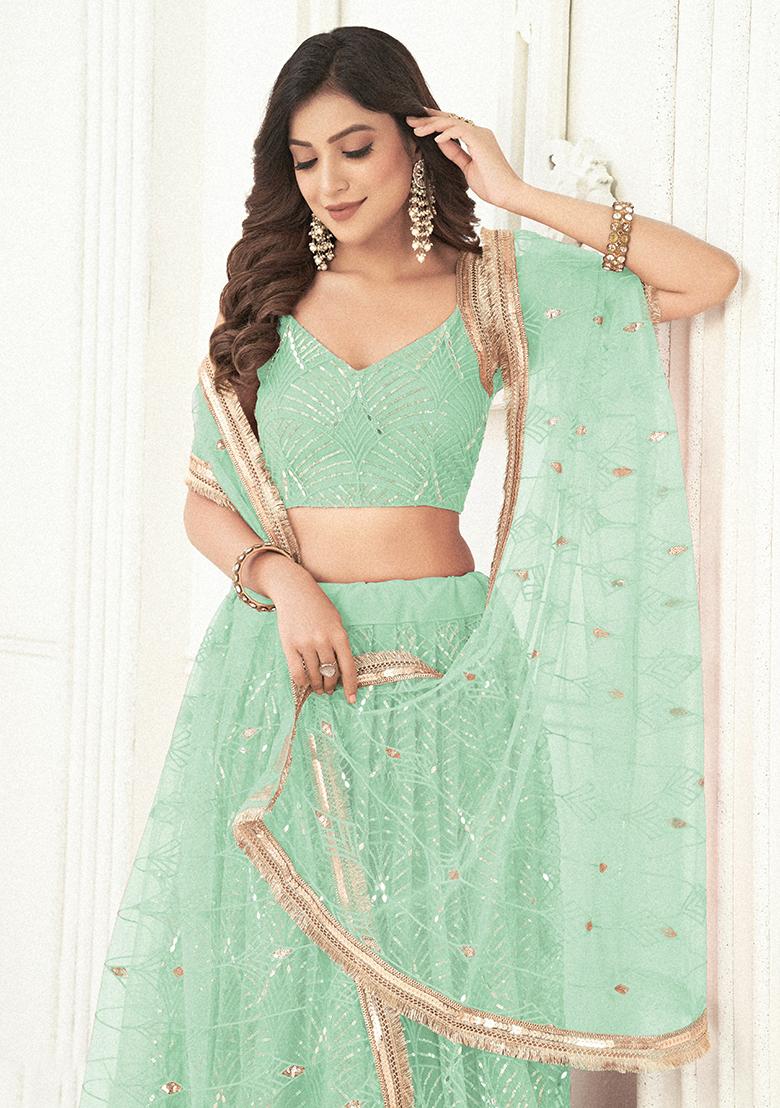 Sea Green Embroidered Net Lehenga Set - Indya