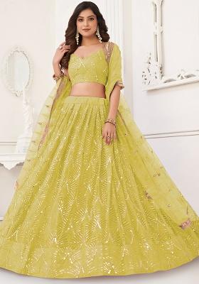 Lemon Yellow Embroidered Net Lehenga Set