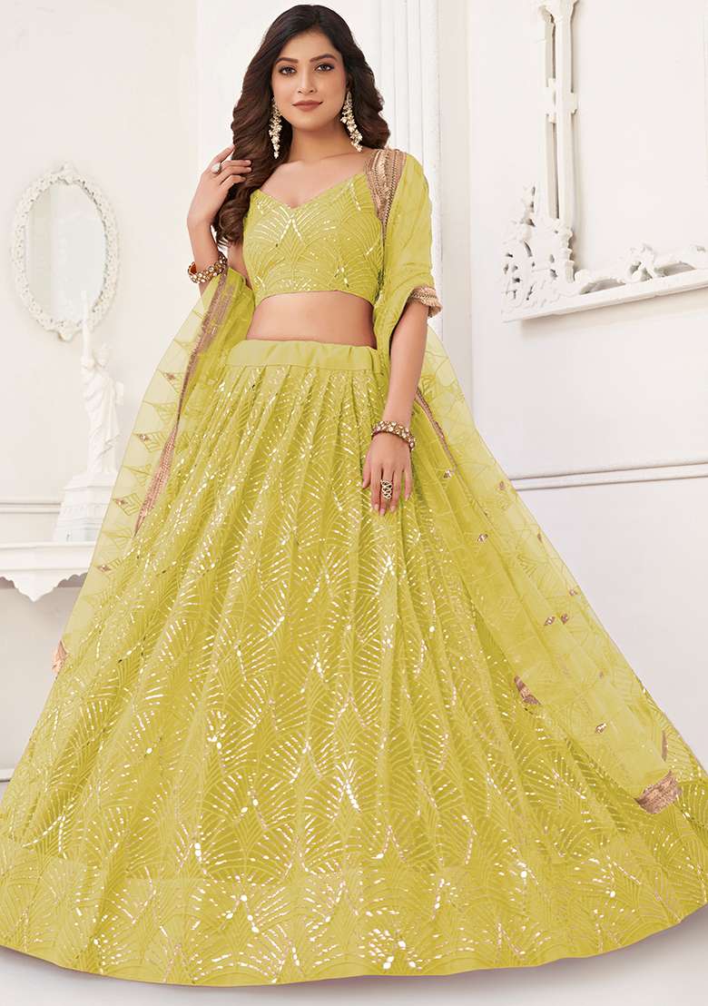 Lemon Yellow Embroidered Net Lehenga Set for Diwali and Festive Wear - Indya