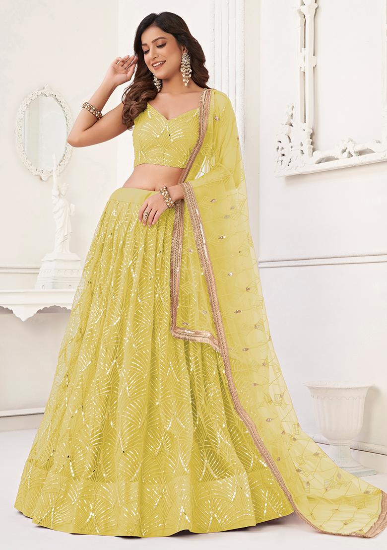 Lemon Yellow Embroidered Net Lehenga Set - Indya