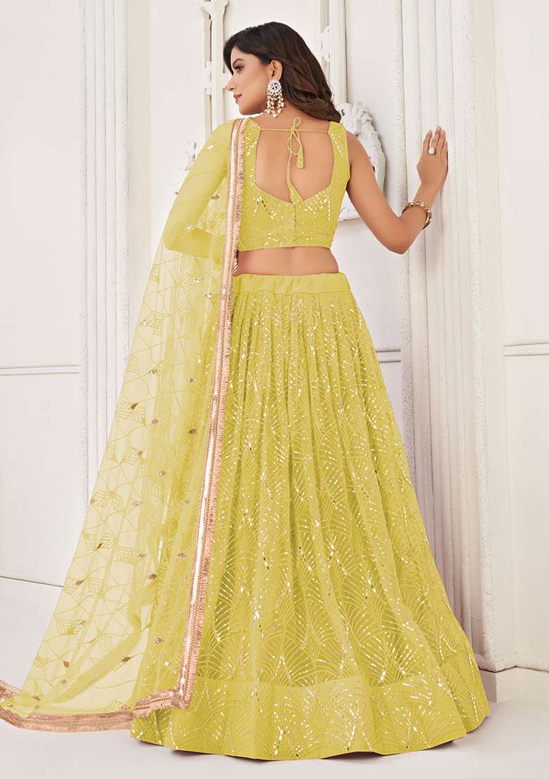 Lemon Yellow Embroidered Net Lehenga Set for Diwali and Festive Wear - Indya