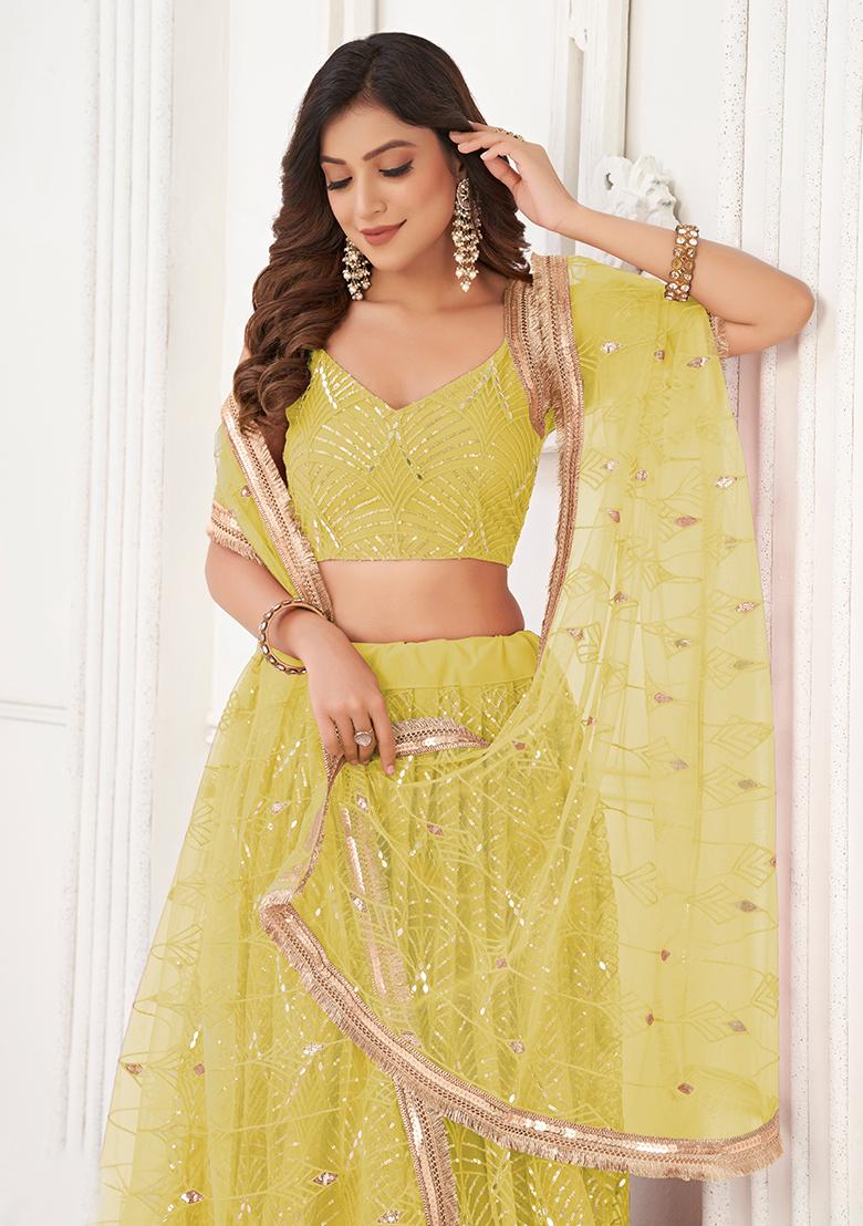 Lemon Yellow Embroidered Net Lehenga Set - Indya
