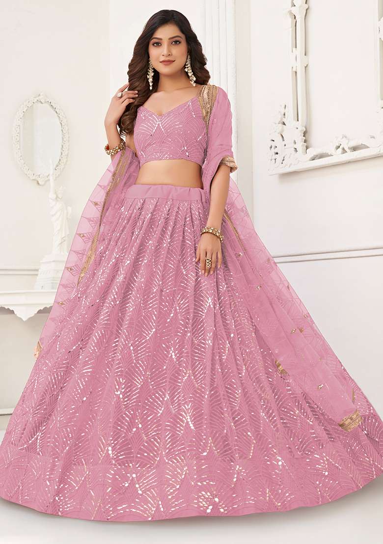 Dusty Pink Embroidered Net Lehenga Set for Diwali and Festive Wear - Indya