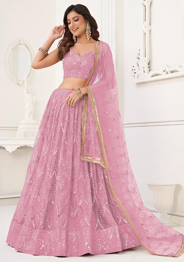 Dusty Pink Embroidered Net Lehenga Set - Indya