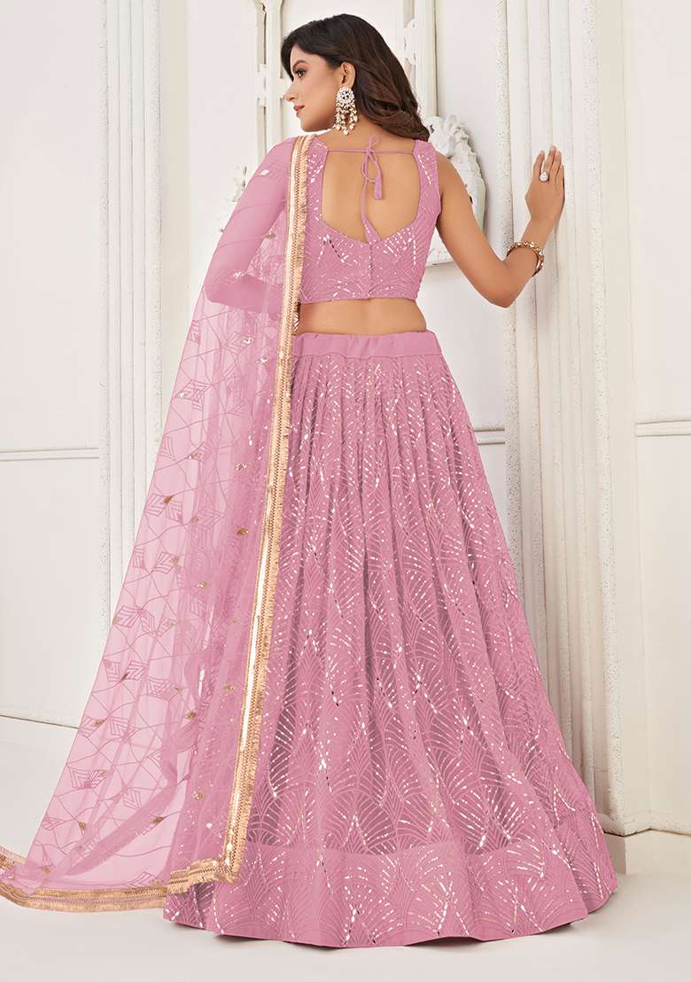 Dusty Pink Embroidered Net Lehenga Set for Diwali and Festive Wear - Indya