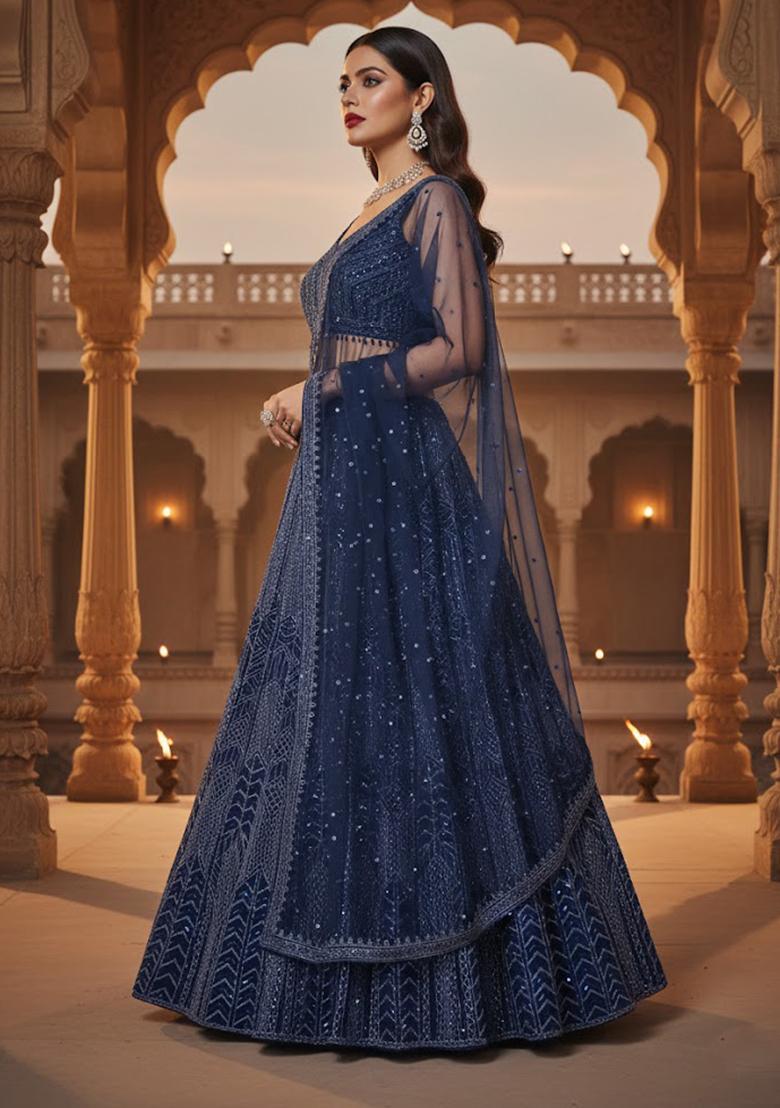 Royal Blue Embroidered Georgette Lehenga Set - Indya