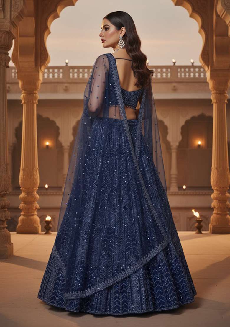 Royal Blue Georgette Lehenga Set with Embroidered for Diwali | Wedding & Festive Wear - Indya