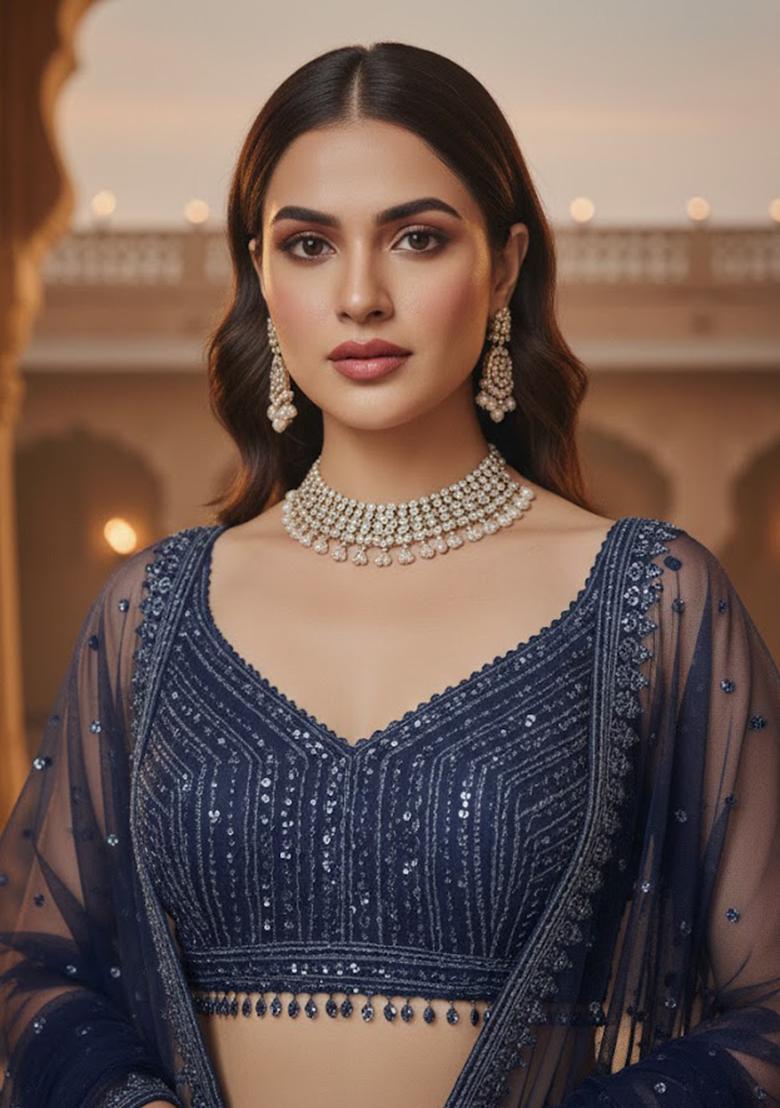 Royal Blue Embroidered Georgette Lehenga Set - Indya