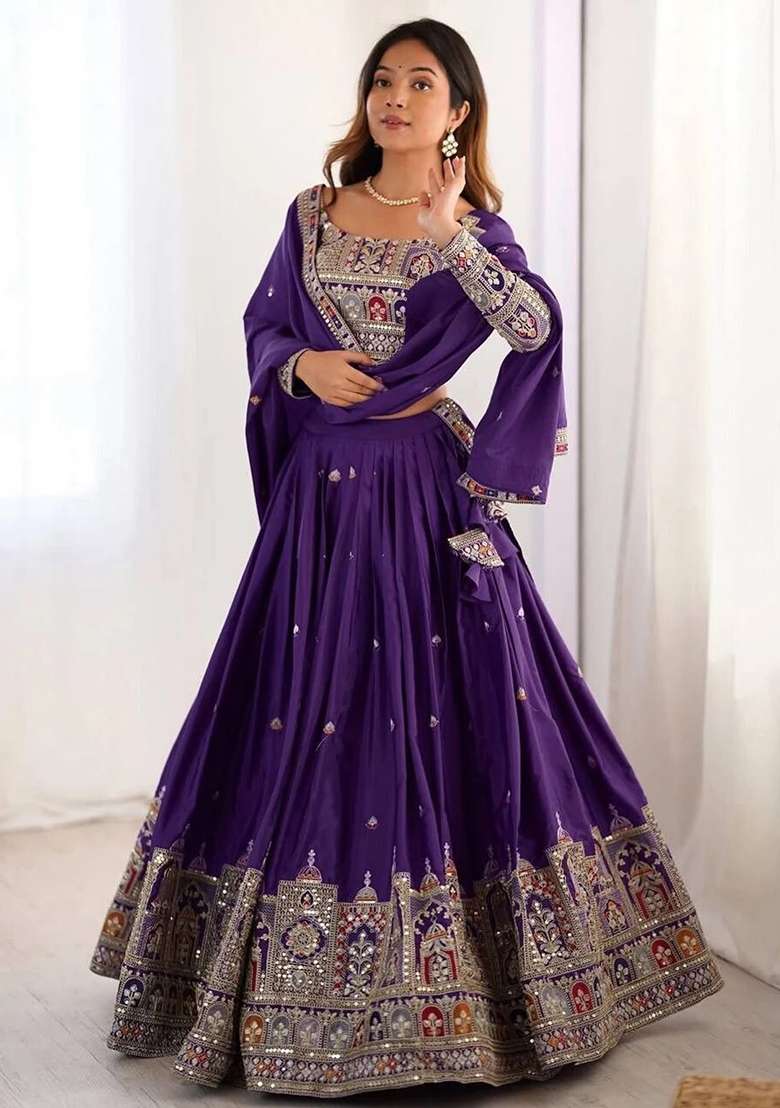 Violet Embroidery Silk Lehenga Set - Indya