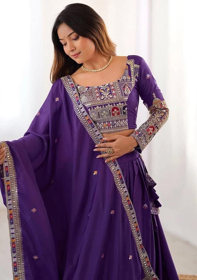 Violet Embroidery Silk Lehenga Set - Indya