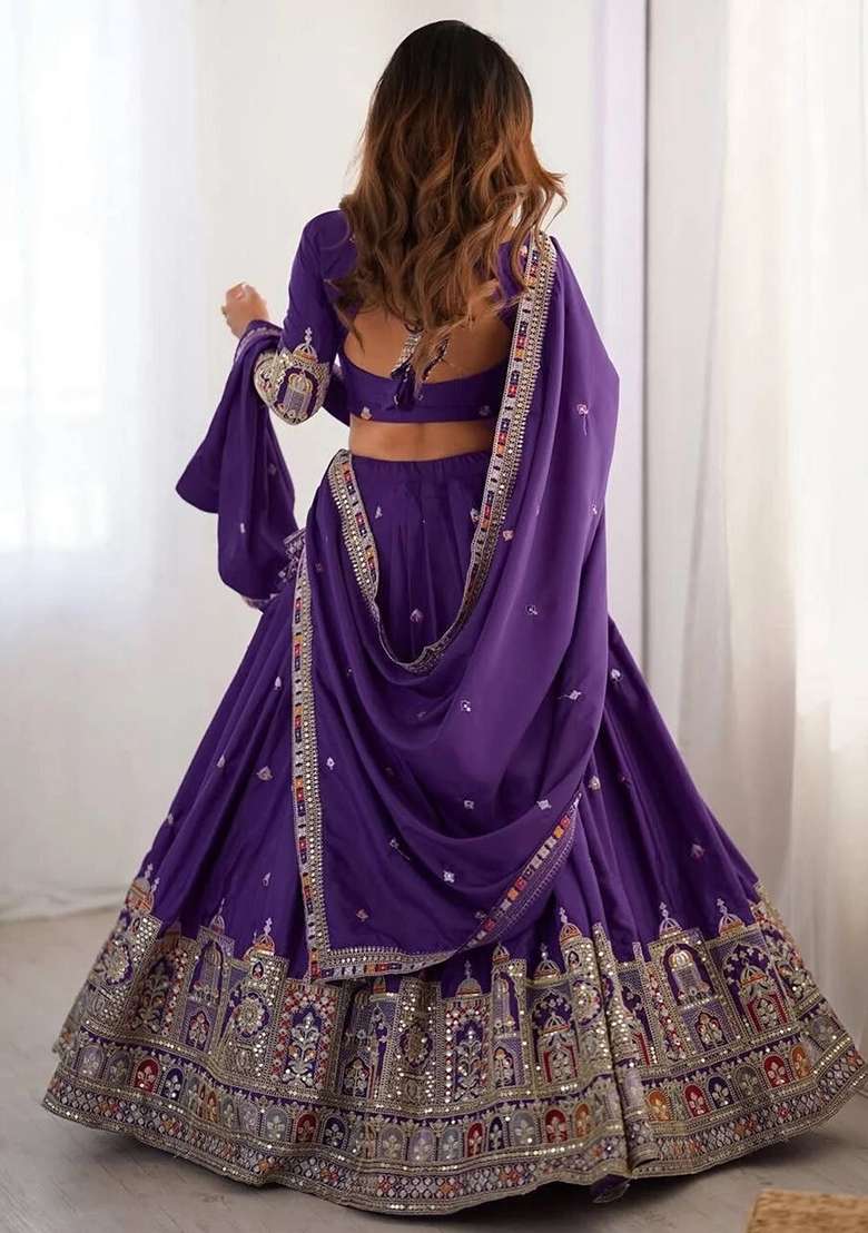 Violet Embroidery Silk Lehenga Set - Indya