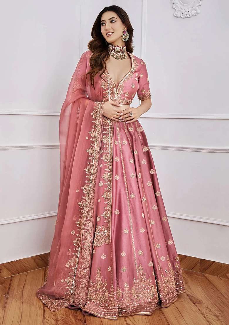 Dark Peach Embroidery Silk Blend Lehenga Set for Diwali and Festive Wear - Indya