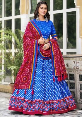 Blue Printed Silk Lehenga Set