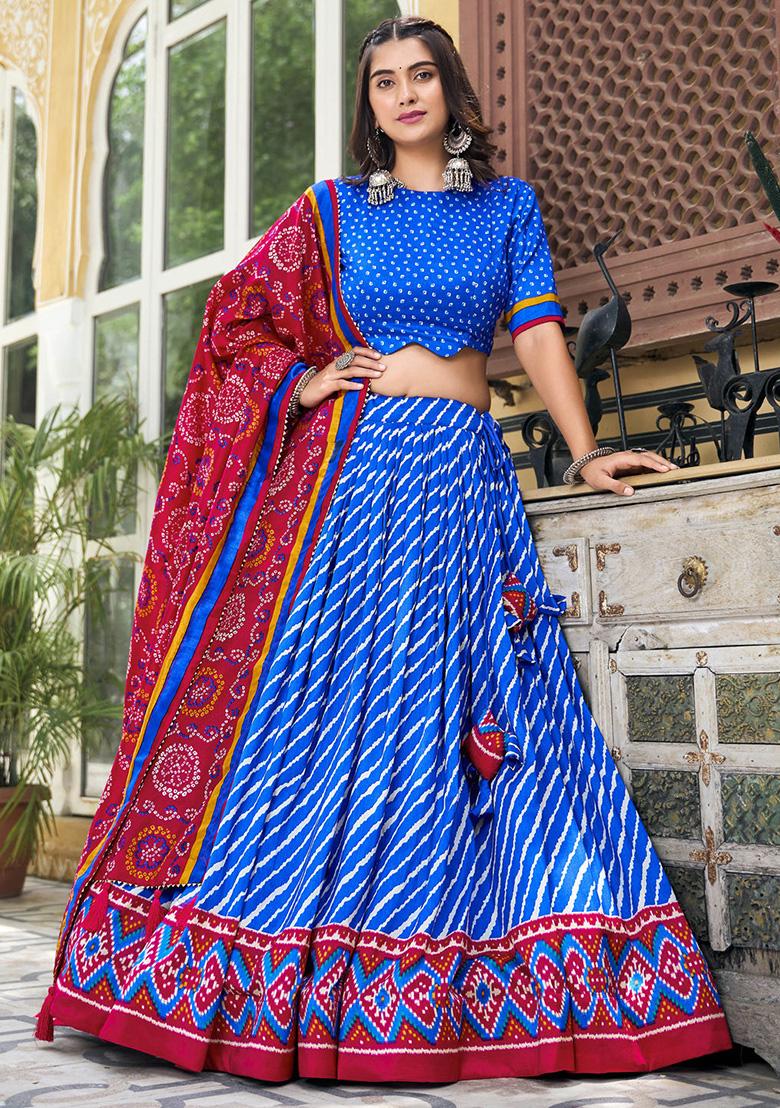 Blue Printed Silk Lehenga Set - Indya