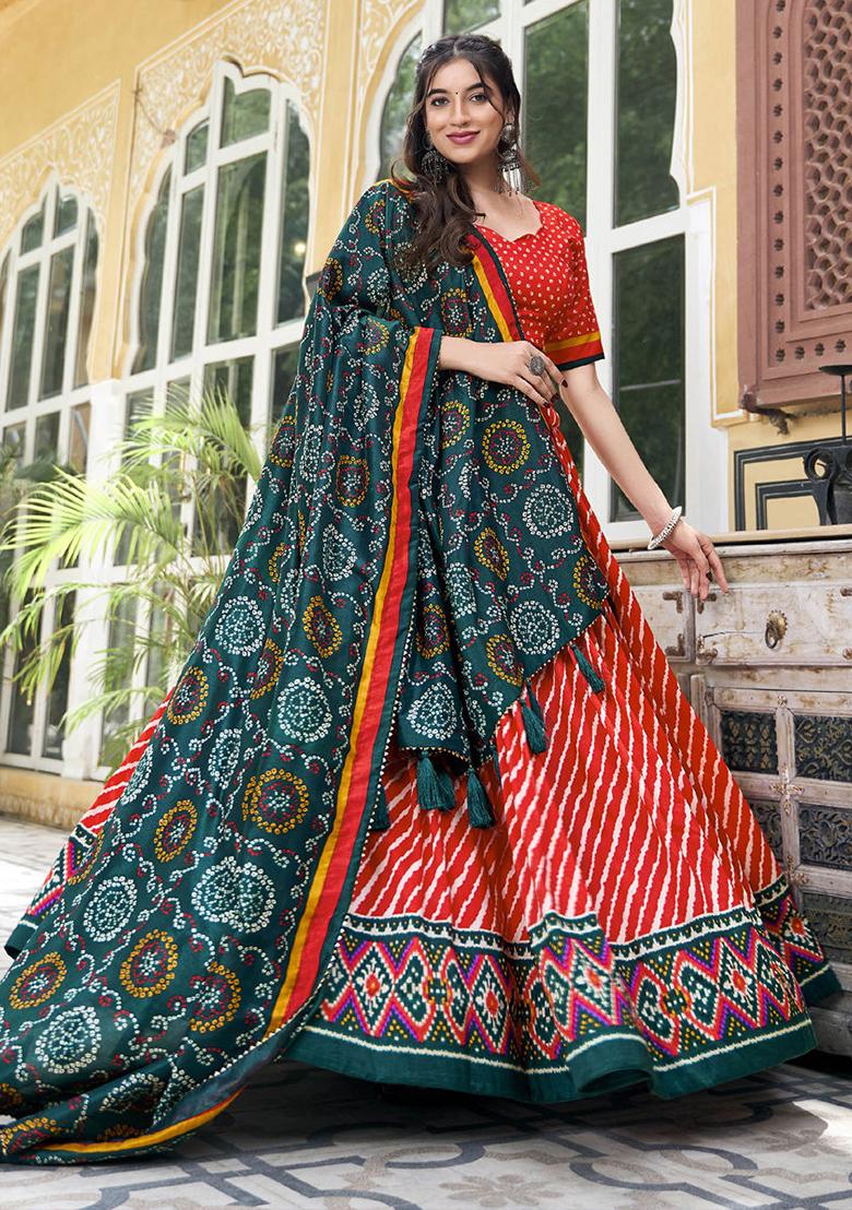 Red Printed Silk Lehenga Set - Indya