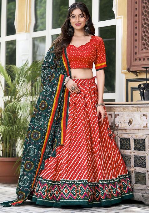 Red Printed Silk Lehenga Set
