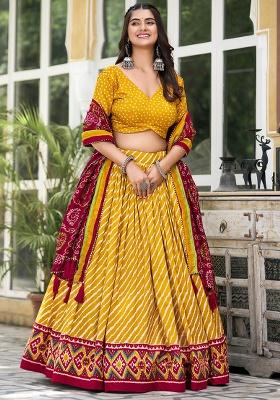 Yellow Printed Silk Lehenga Set
