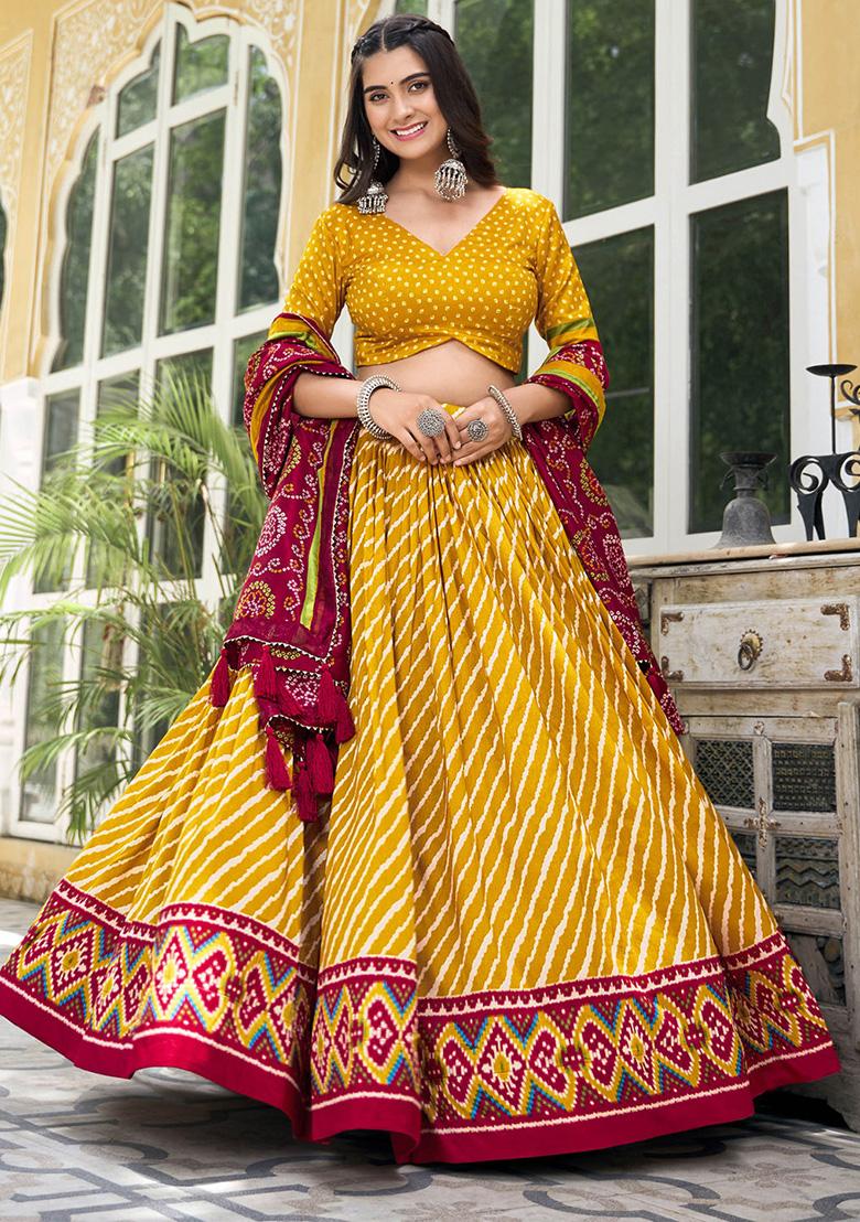Yellow Printed Silk Lehenga Set - Indya