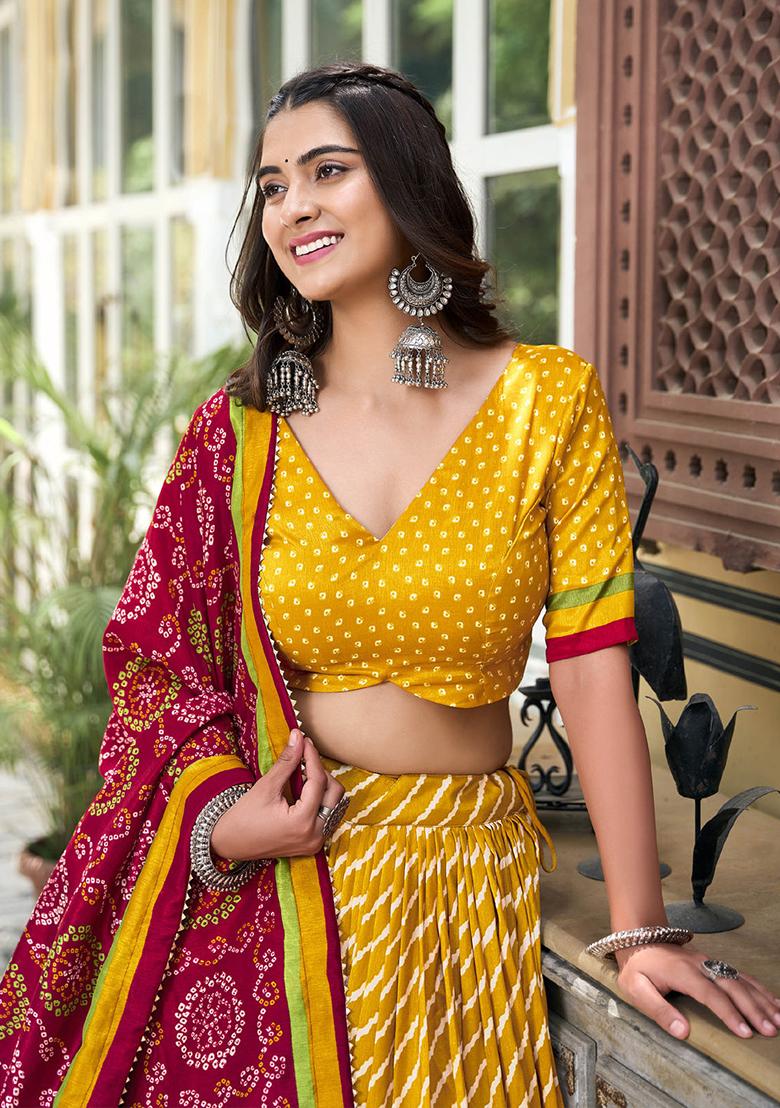Yellow Printed Silk Lehenga Set - Indya