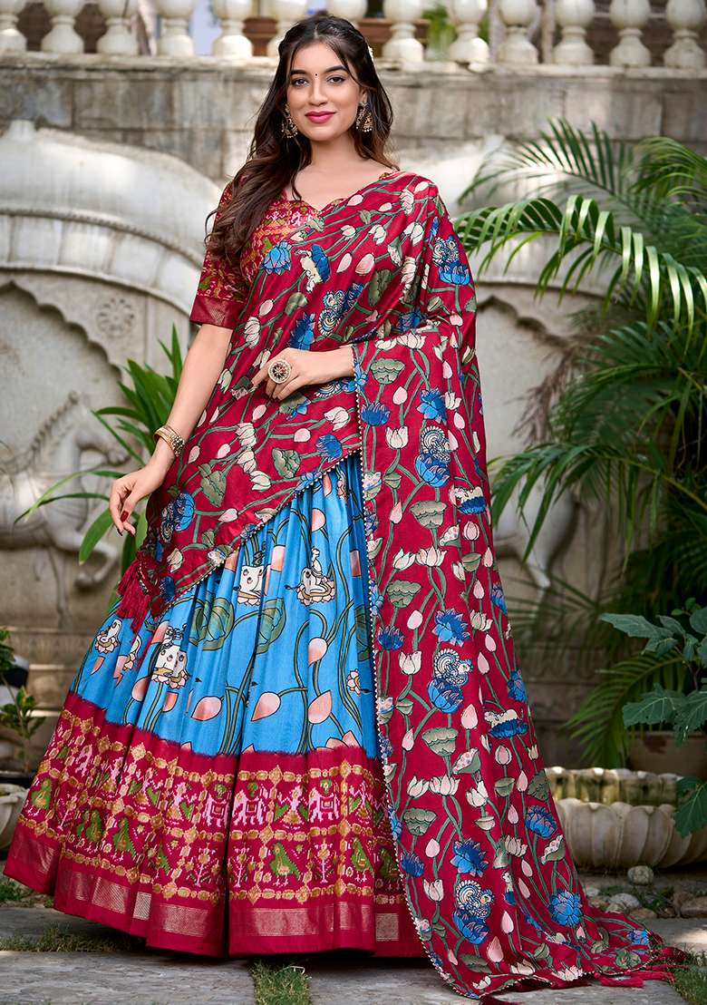 Blue Printed Silk Blend Lehenga Set - Indya