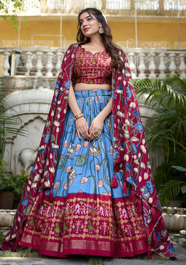 Blue Printed Silk Lehenga Set - Indya