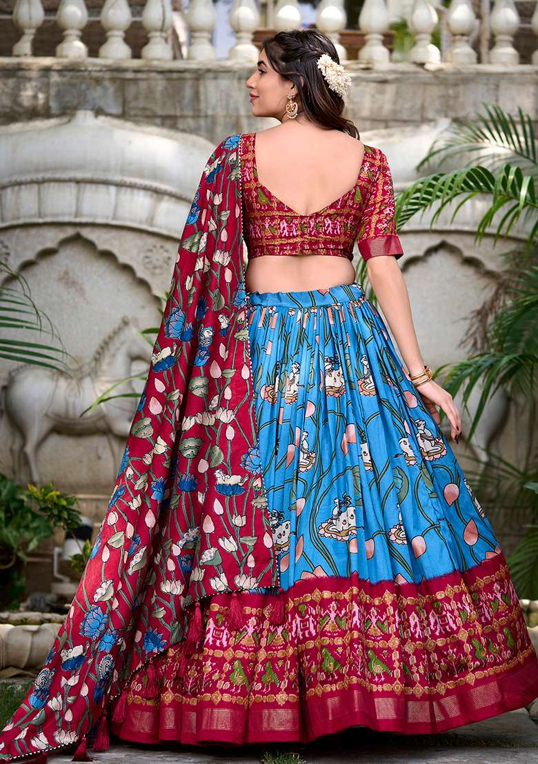 Blue Printed Silk Blend Lehenga Set - Indya