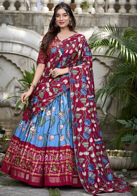 Blue Printed Silk Lehenga Set