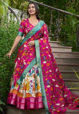 Cream Printed Silk Lehenga Set