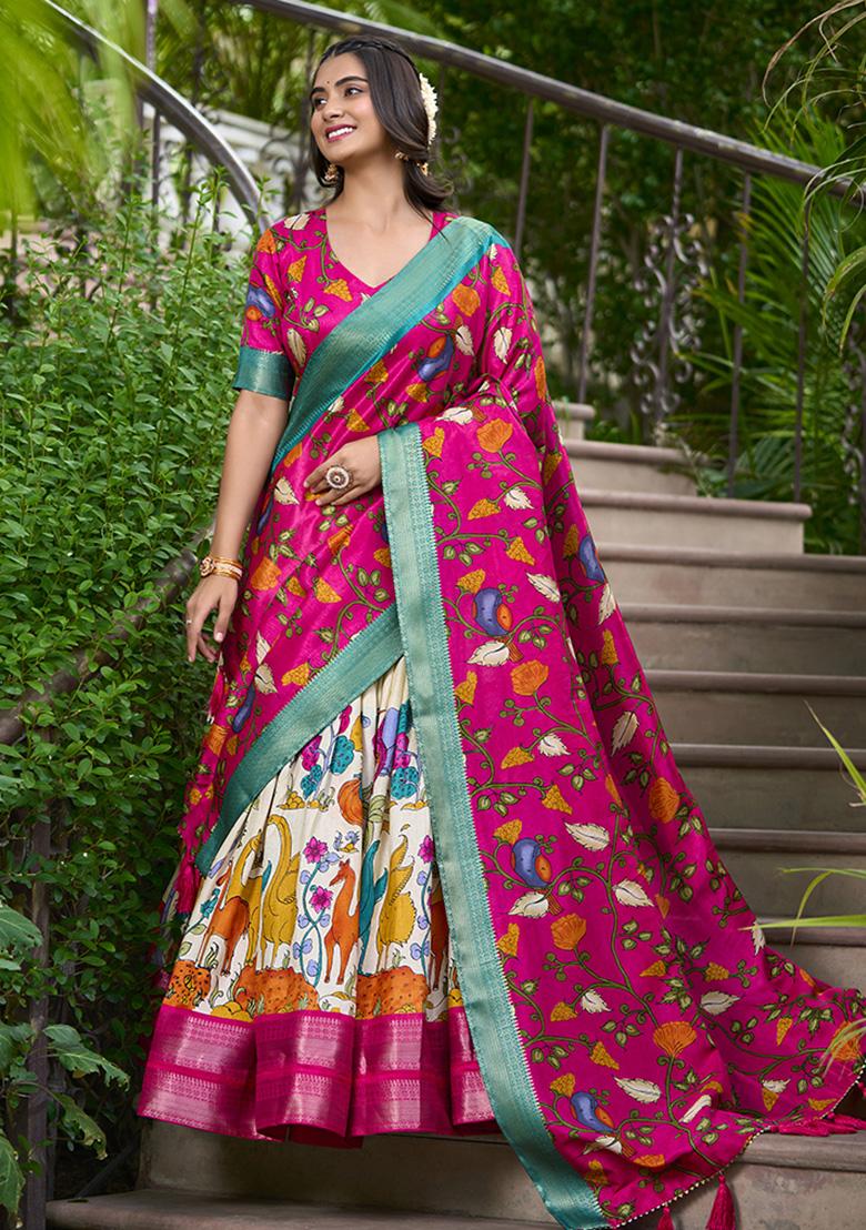 Cream Printed Silk Lehenga Set - Indya