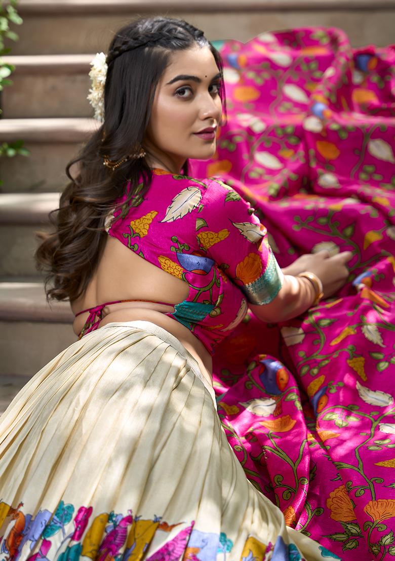 Cream Printed Silk Lehenga Set - Indya