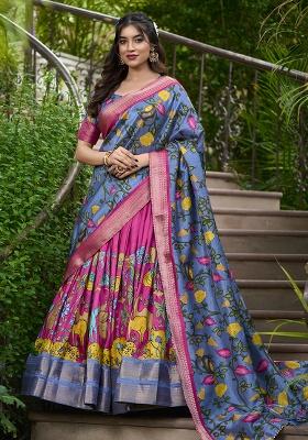 Pink Printed Silk Lehenga Set