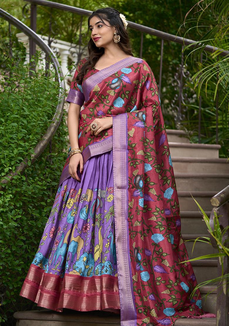 Purple Printed Silk Lehenga Set - Indya