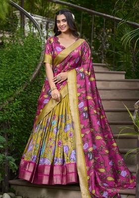 Yellow Printed Silk Lehenga Set