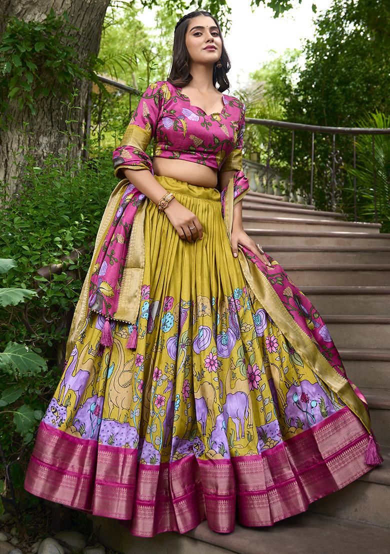 Yellow Printed Silk Lehenga Set - Indya