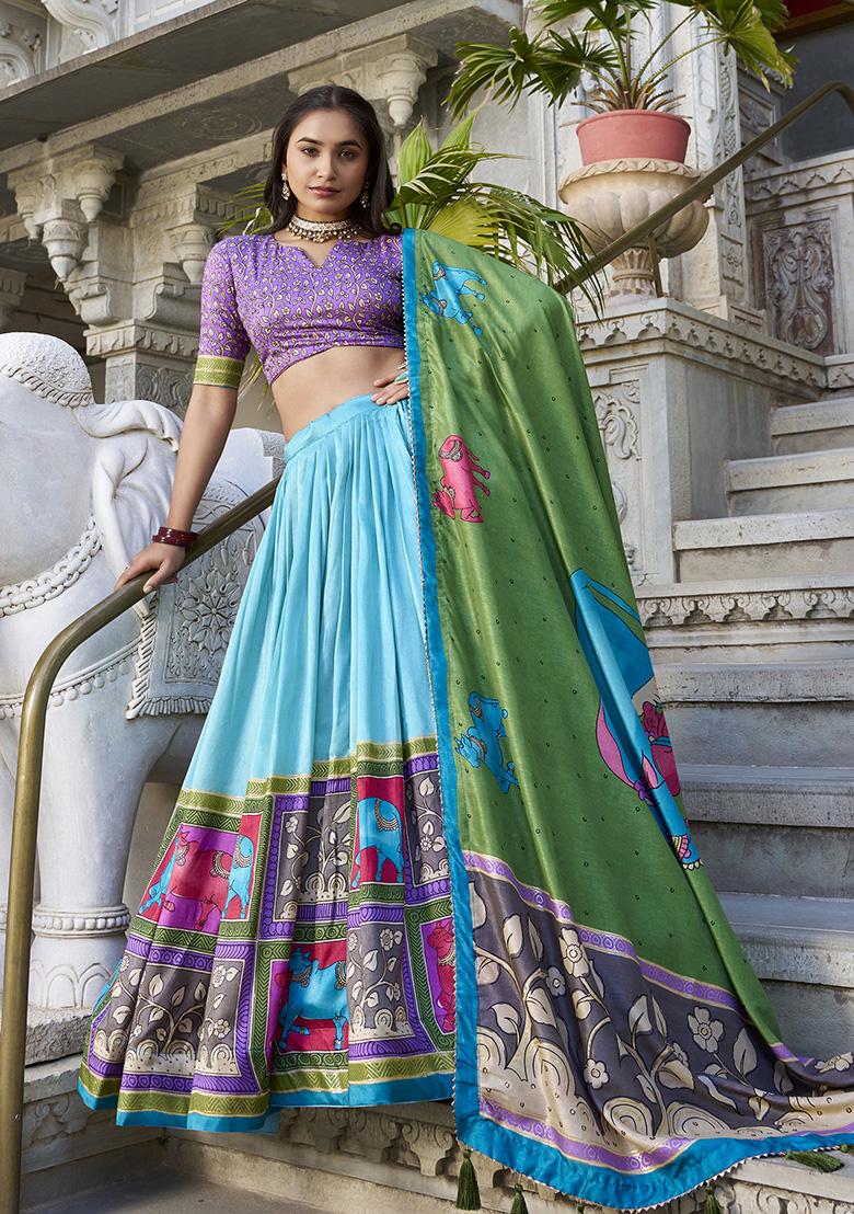 Sea Green Printed Silk Lehenga Set - Indya