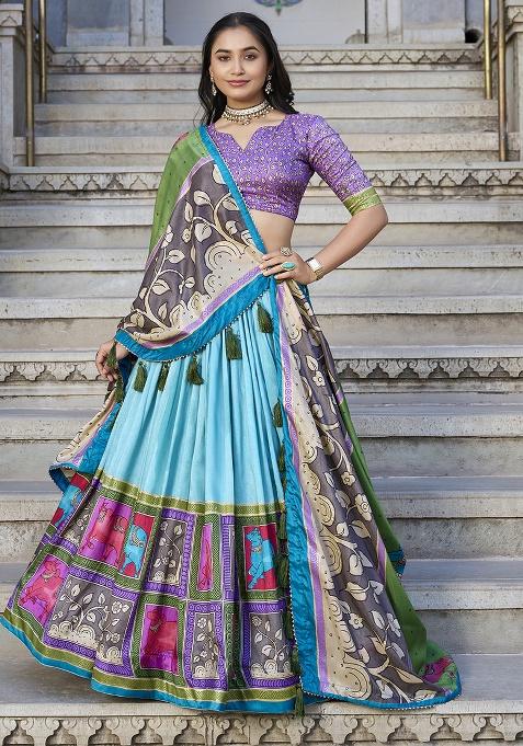 Sea Green Printed Silk Lehenga Set