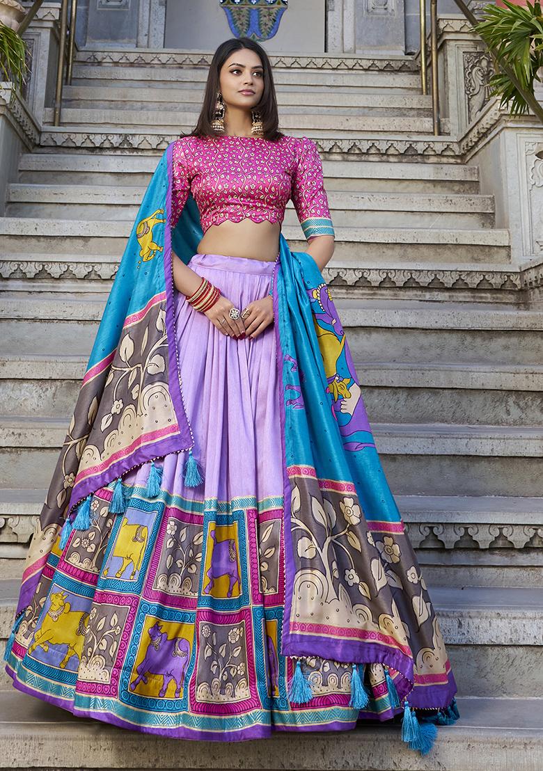 Lavender Printed Silk Lehenga Set - Indya