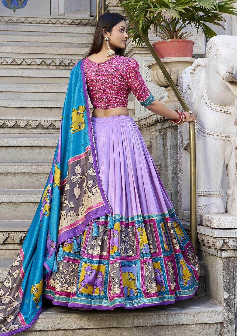 Lavender Printed Silk Lehenga Set - Indya