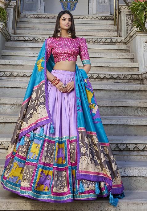 Lavender Printed Silk Lehenga Set